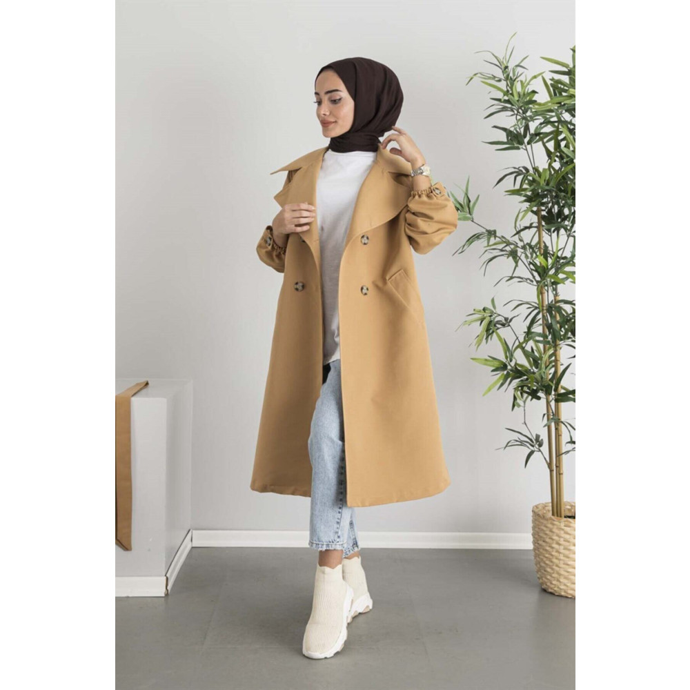moda ala Kol Kemerli Trençkot Camel STD Beden Tesettür Giyim Fiyatı