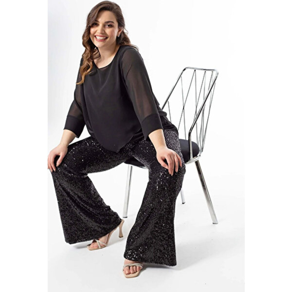 Moda Alba Siyah Yüksek Bel Ispanyol Paça Toparlayıcı Beli Lastikli Payetli Pullu Büyük Beden Pantalon Kadın Kaban Fiyatı