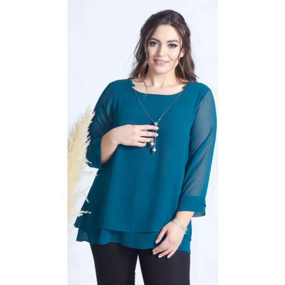 Moda Berray 1934 Petrol Kolye Yakalı Şifon Büyük Beden Şık Bluz Bluz Fiyatı