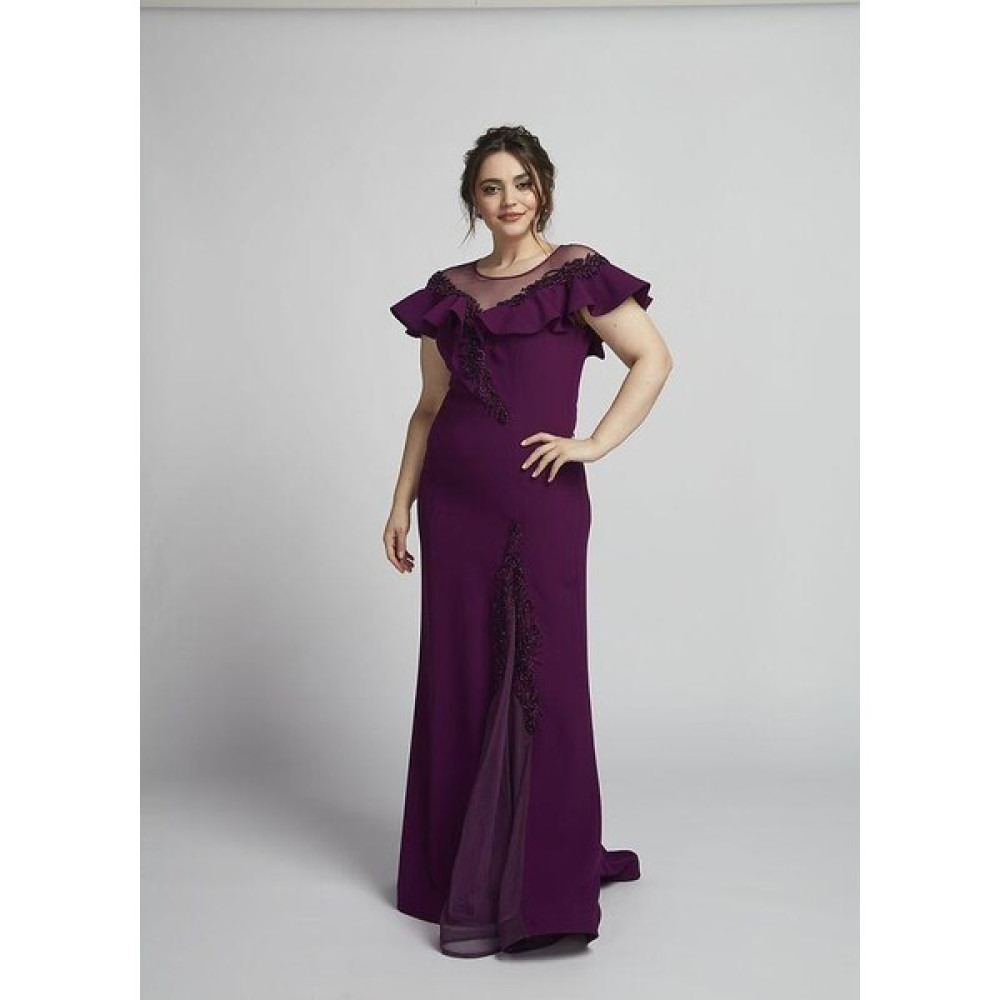 Moda Berray 21923 Mürdüm Yırtmaçlı Işlemeli Şık Büyük Beden Abiye Elbise Elbise Fiyatı