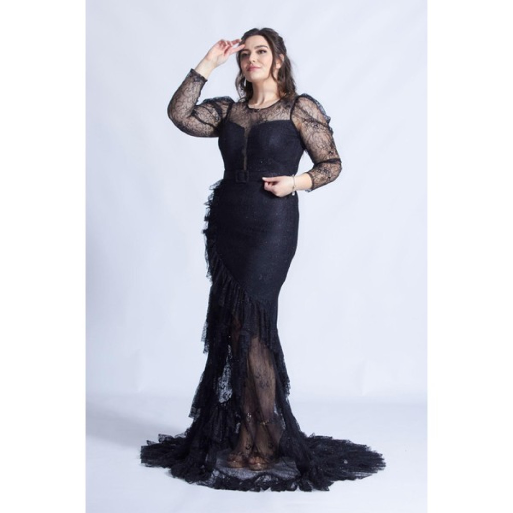 Moda Berray 21929 Siyah Fırfır Dantelli Kemerli Büyük Beden Abiye Elbise Elbise Fiyatı