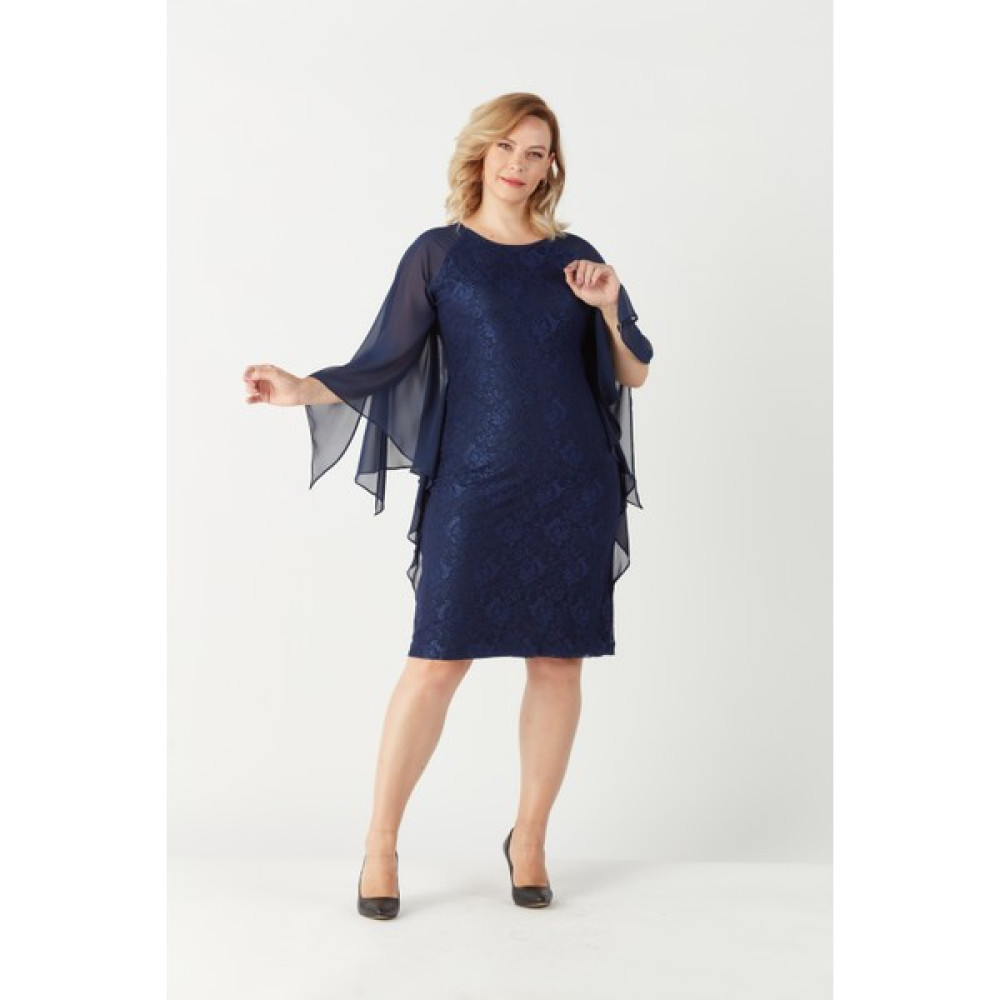 Moda Berray 3240 Kolları Şifon Detaylı Dantel Büyük Beden Abiye Elbise Lacivert Elbise Fiyatı