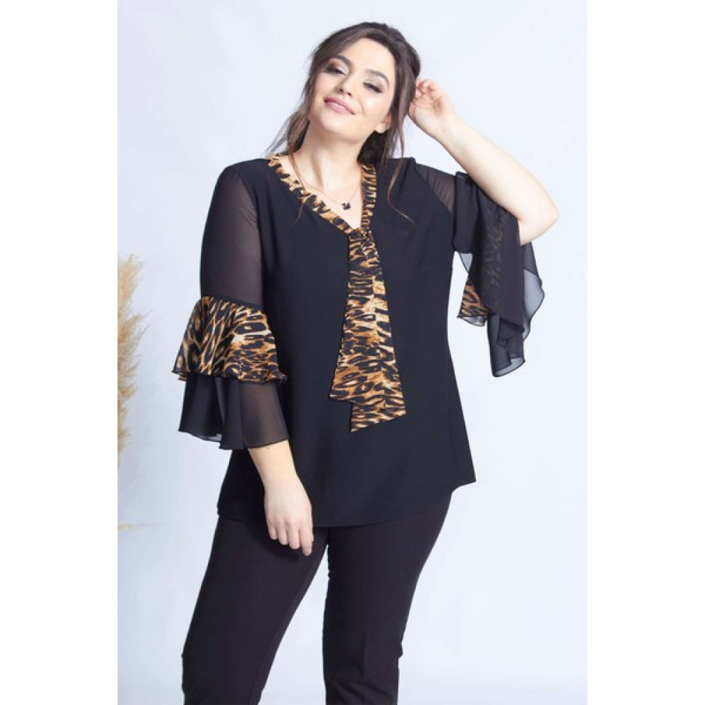 Moda Berray 4039 Siyah/leopar Volan Kollu Büyük Beden Bluz Bluz Fiyatı