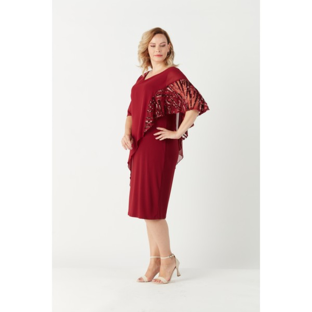 Moda Berray 4051 Bordo Pelerinli Payetli Esnek Kumaş Büyük Beden Elbise Elbise Fiyatı