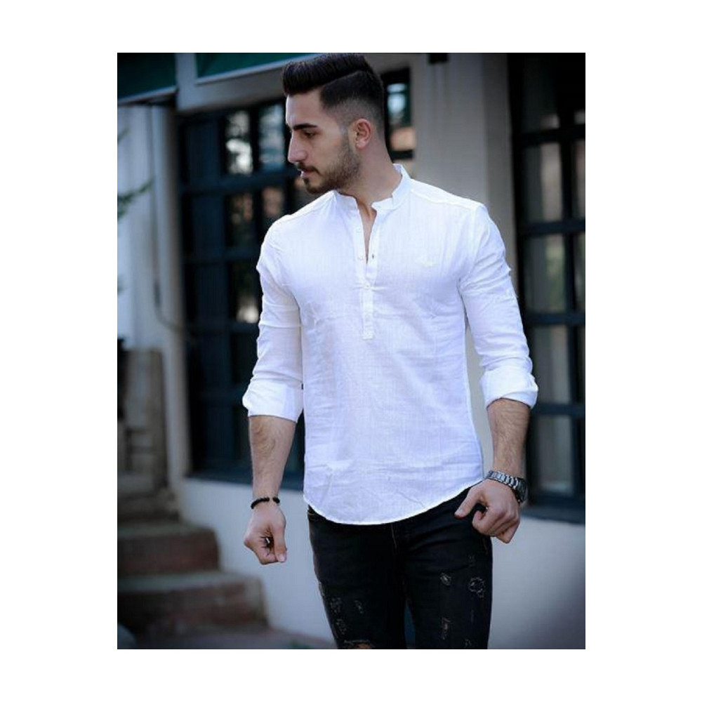 moda biz Erkek Beyaz Hakim Yaka Keten Ekstra Slim Fit Gömlek 2XL Beden Kadın Gömlek Fiyatı