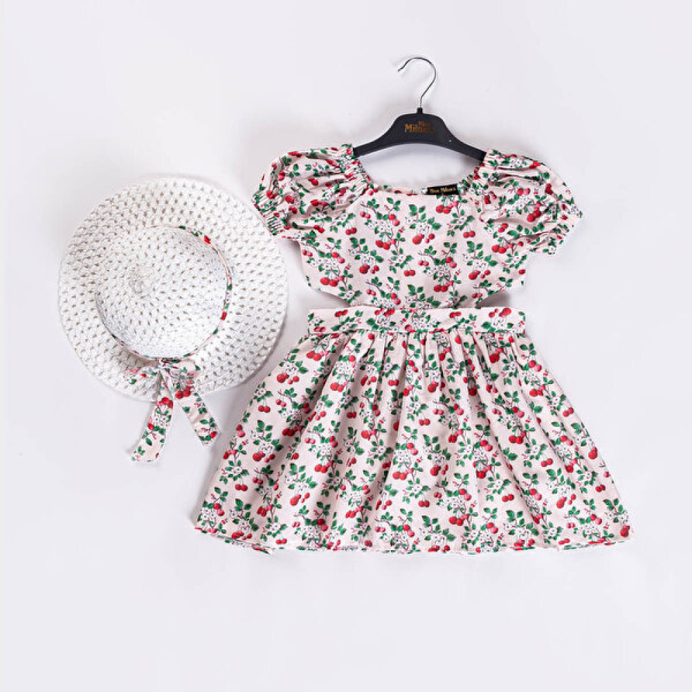 Moda Bora Modabora Kız Çocuk Elbise Kiraz Desenli Yazlık Günlük Mini Elbise Şapkalı Kız Çocuk Elbise Fiyatı