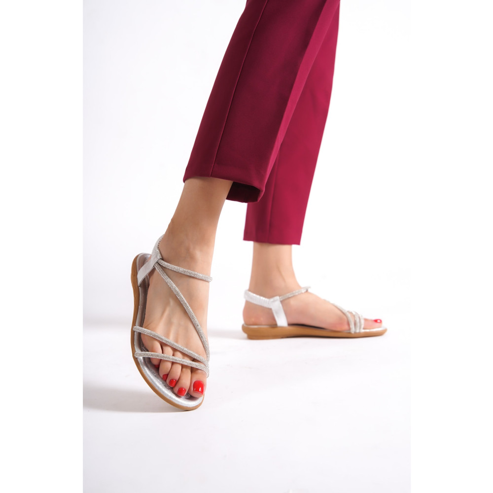 Moda Değirmeni Gümüş Simli Kadın Taşlı Lastikli Sandalet BG1167-123-0003 37 Beden Unisex Sandalet Fiyatı