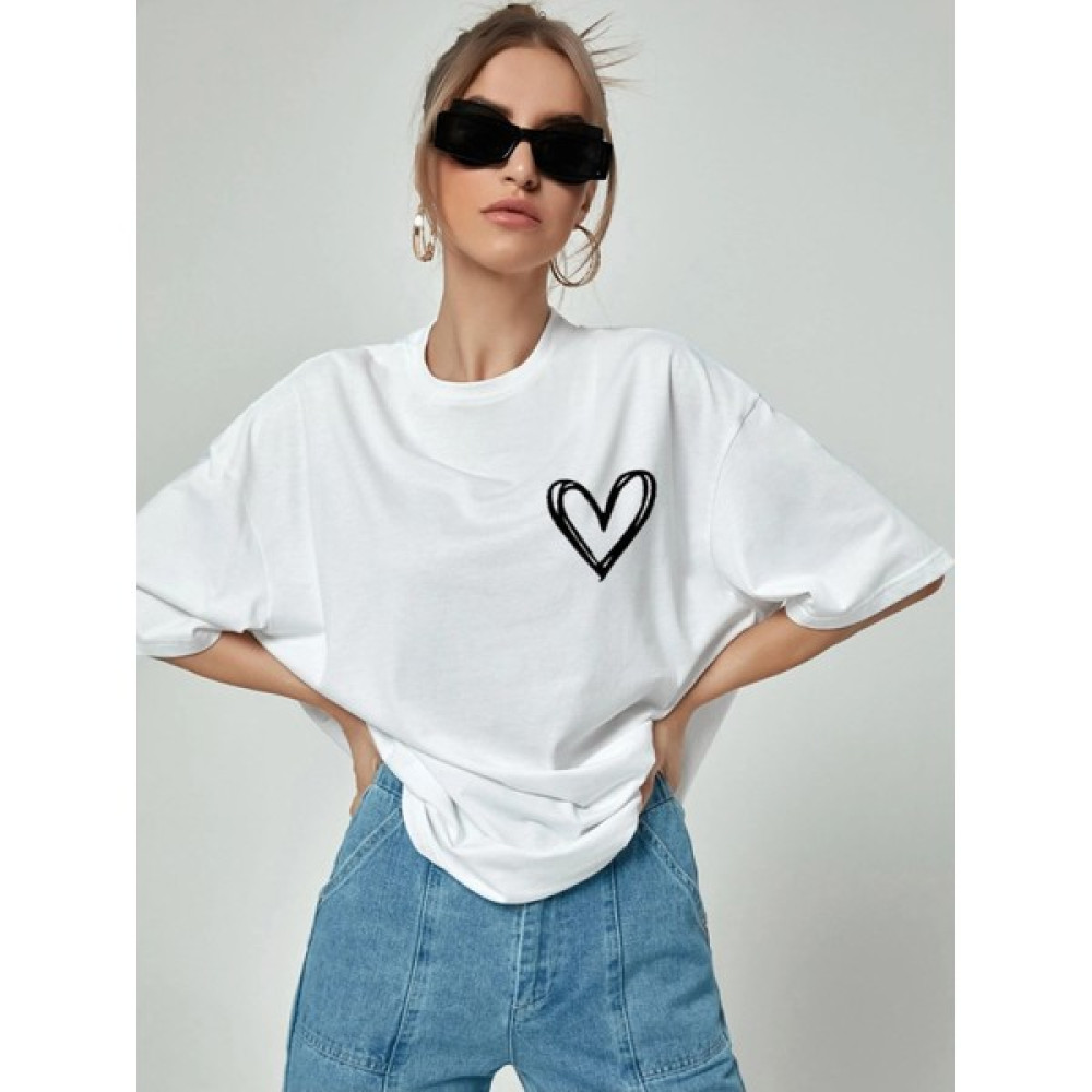 Moda Ekru Minimal Kalp Baskılı Beyaz Oversize Tshirt Bayan T-shirt Fiyatı