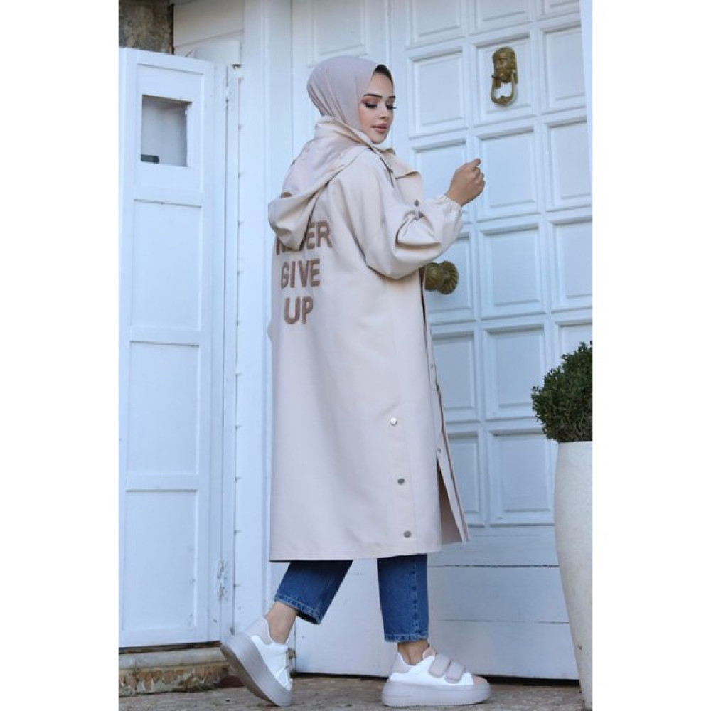 Moda Ensar Kapüşonlu Arkası Nakışlı Trençkot-Bej Kadın Trençkot Fiyatı