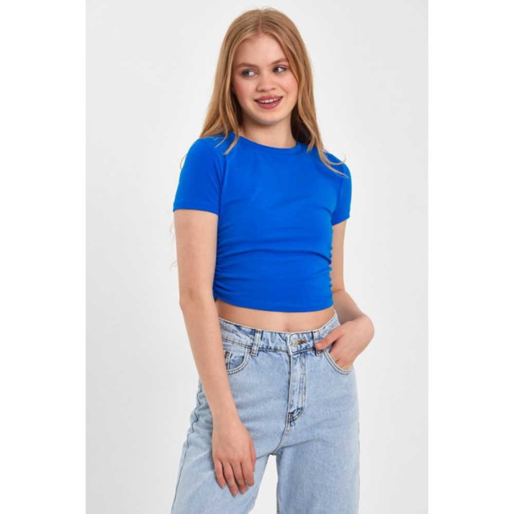Moda Gerçek Yan Büzgülü Mavi Crop T-Shırt Bayan T-shirt Fiyatı