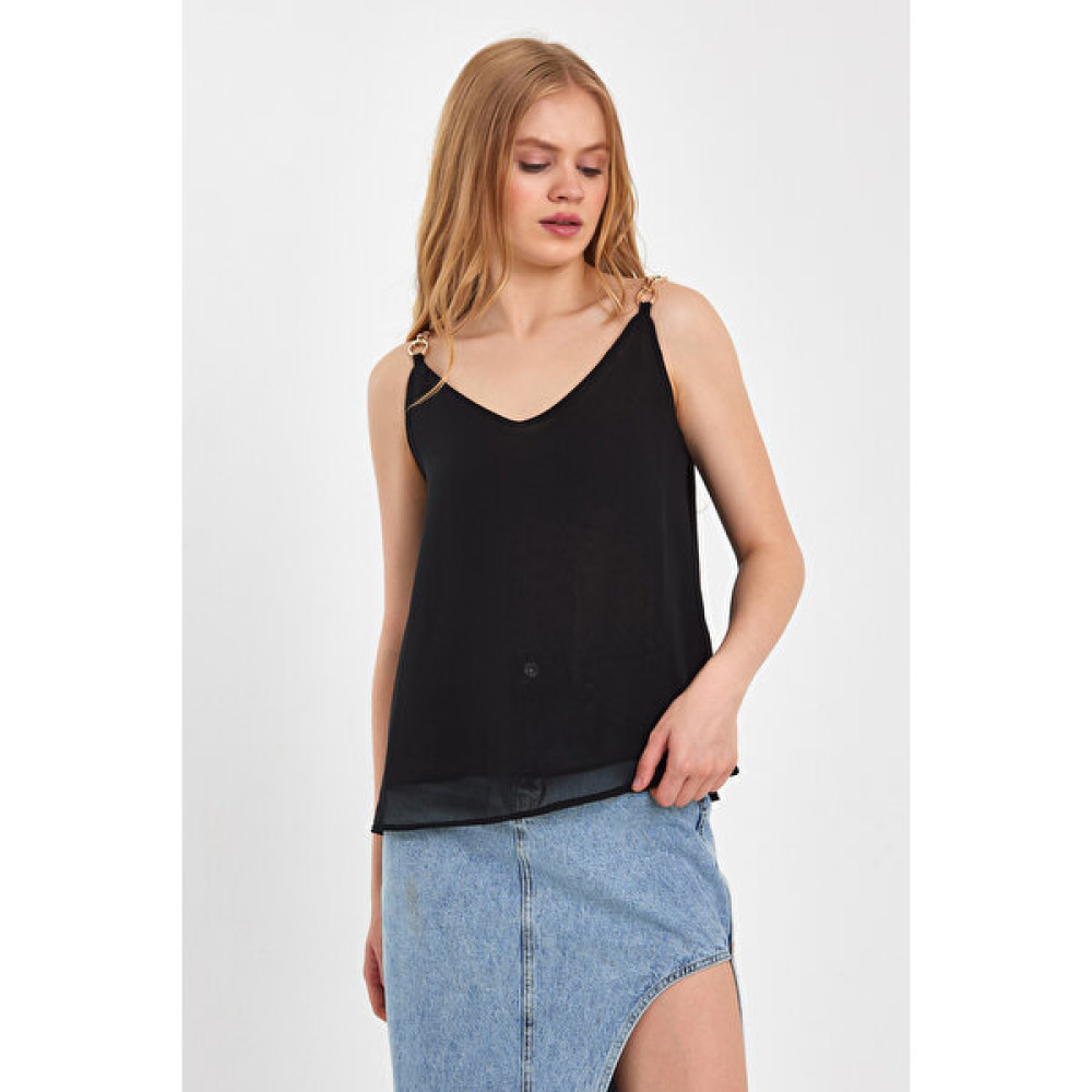 Moda Gerçek Zincir Askılı Siyah Şifon Bluz Bluz Fiyatı