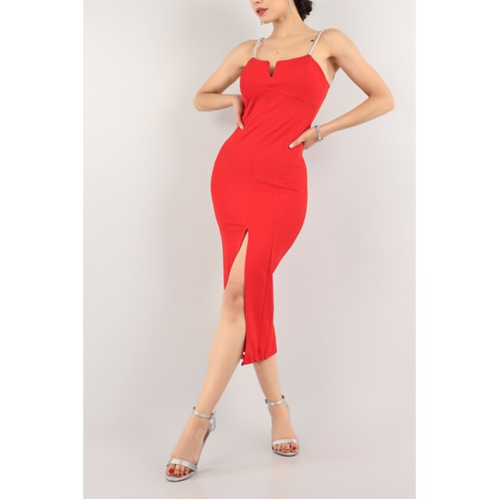 Moda Kırmızı Taş Askılı Yırtmaçlı Abiye Elbise Fiyatı