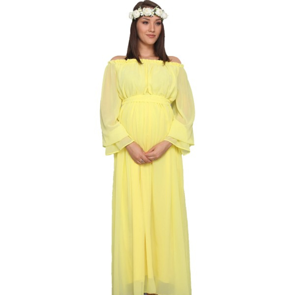Moda Labio Babyshower Dökümlü Sarı Hamile Elbisesi Hamile Giyim Fiyatı
