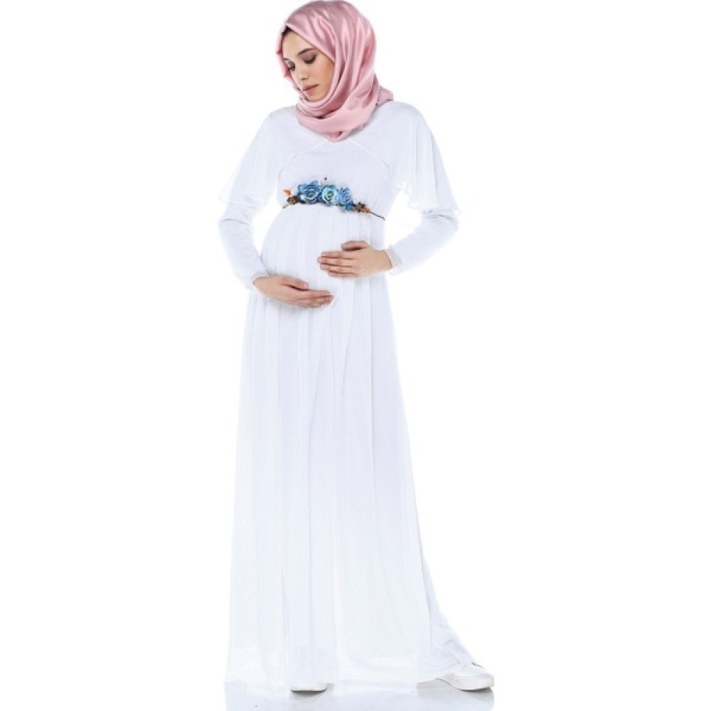 Moda Labio Babyshower Melek Kol Tesettür Beyaz Hamile Elbisesi Hamile Giyim Fiyatı