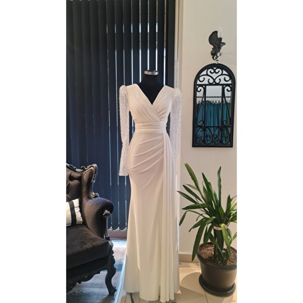 Moda Makko Ekru Beyaz Kruvaze Yakalı Söz Nişan Nikah Elbisesi Elbise Fiyatı