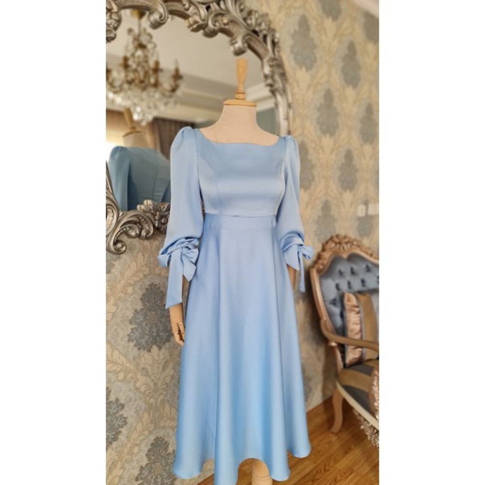 Moda Makko Mavi Saten Kumaştan Oval Yakalı,sade,söz,nişan,özel Gün Elbisesi Elbise Fiyatı
