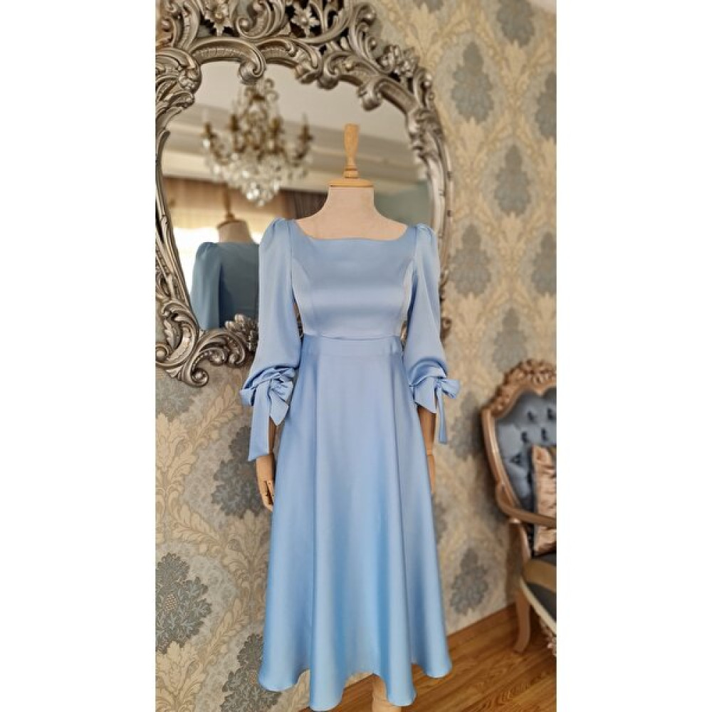 Moda Makko Mavi Saten Kumaştan,oval Yakalı,kolları Bağcıklı,söz,nişan Için Sade Abiye Elbise Fiyatı