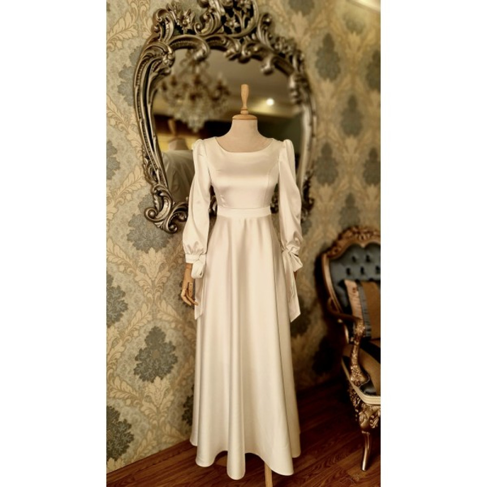 Moda Makko Oval Yaka,kolları Bağcıklı,ekru Beyaz Satenden,sade Tarzda Söz,nişan,nikah Elbisesi Elbise Fiyatı