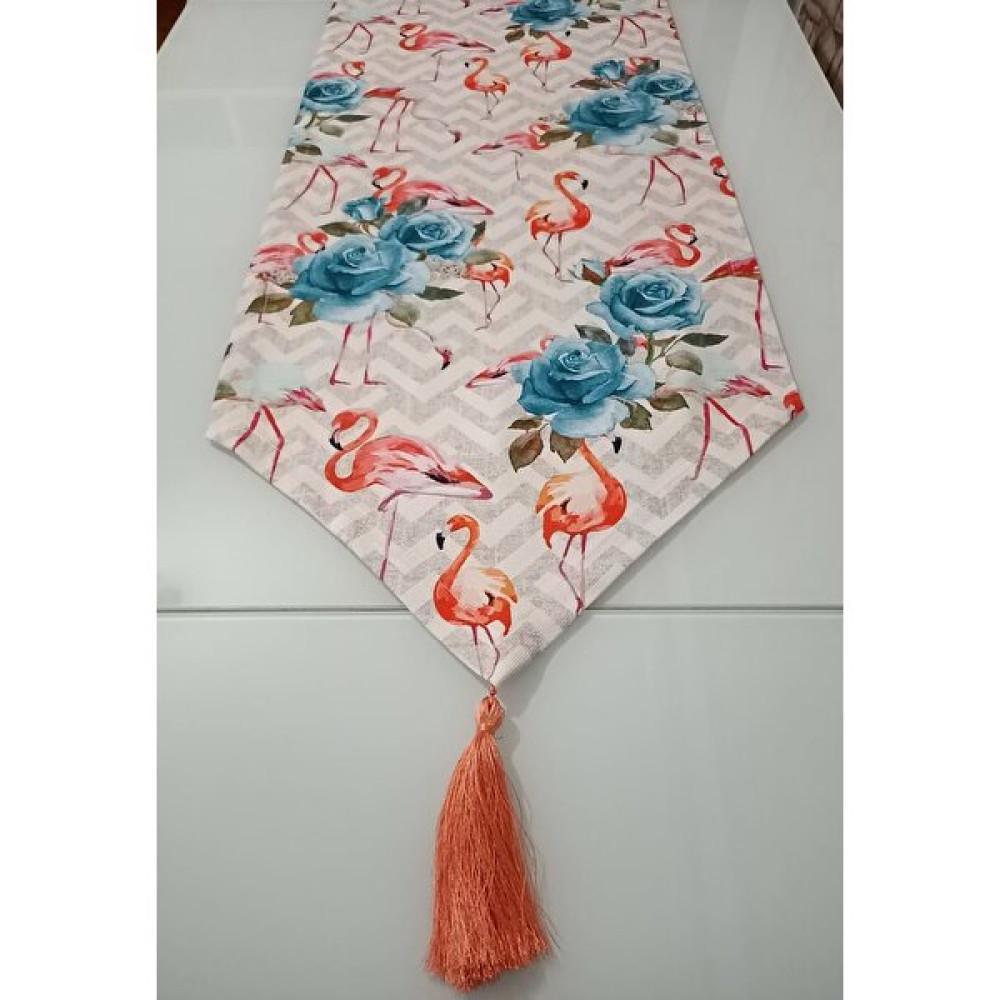 Moda Meral Mavi Gül Flamingo Desenli Runner MMRL255962 - 140 x 40 cm - Renkli Masa Örtüsü Fiyatı