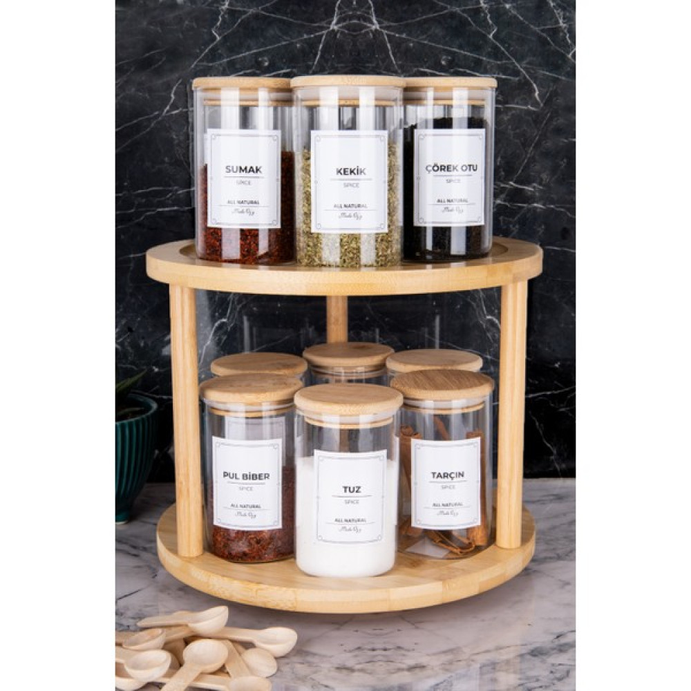 Moda Ozy 12'li Bambu Kapaklı Döner Standlı Borosilikat Cam Baharatlık(Etiket Kaşık DAHIL)250ML - Şeffaf - 250 ml Baharat Setleri & Baharatlıklar Fiyatı