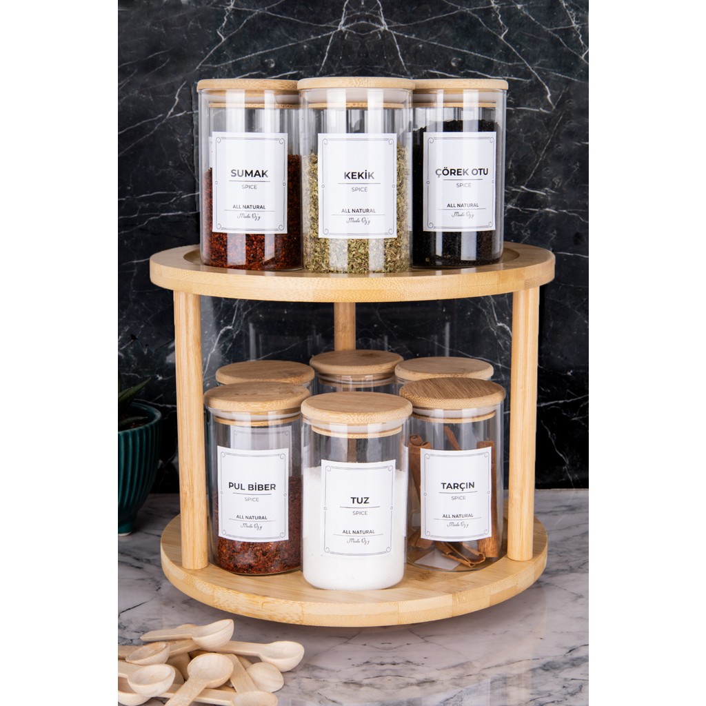Moda Ozy 12'li Bambu Kapaklı Döner Standlı Borosilikat Cam Baharatlık(Etiket Kaşık DAHIL)250ML - Şeffaf - 250 ml Çatal / Kaşık / Bıçak Takımları Fiyatı