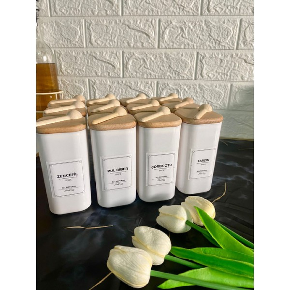 Moda Ozy 12'li Etiketlli 300 ml Ahşap Kapaklı Akrilik Mika Baharatlık Saklama Kabı+12 adet mini baharatlık kaşığı- Vakumlu Sızdırmaz Baharat Seti Baharat Setleri & Baharatlıklar Fiyatı