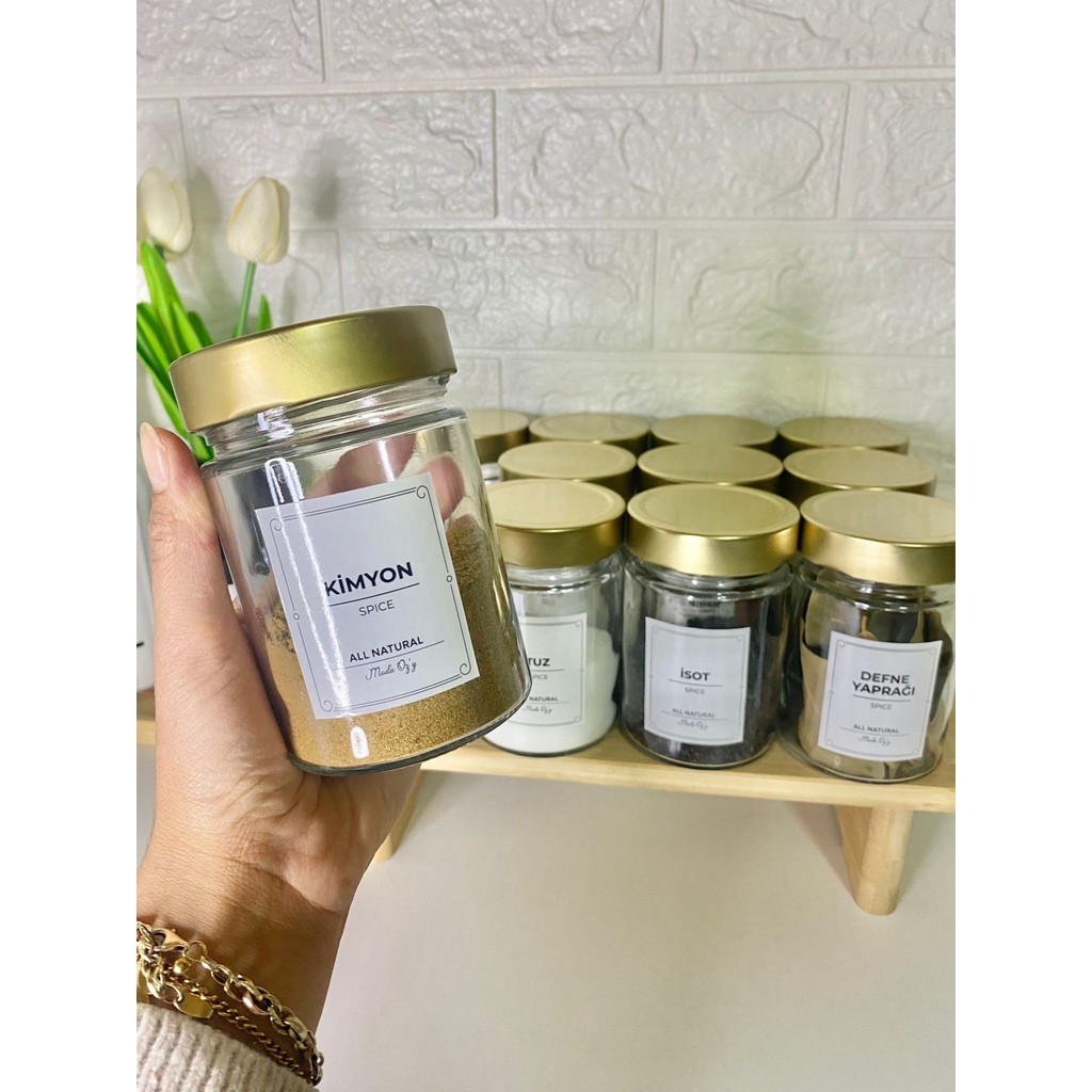 Moda Ozy 12'li Gold Metal Kapaklı Etiketli Kaşıklı Baharat Saklama Kabı Cam Kavanoz 350ML - 350 ml Eşya Saklama / Düzenleme Fiyatı