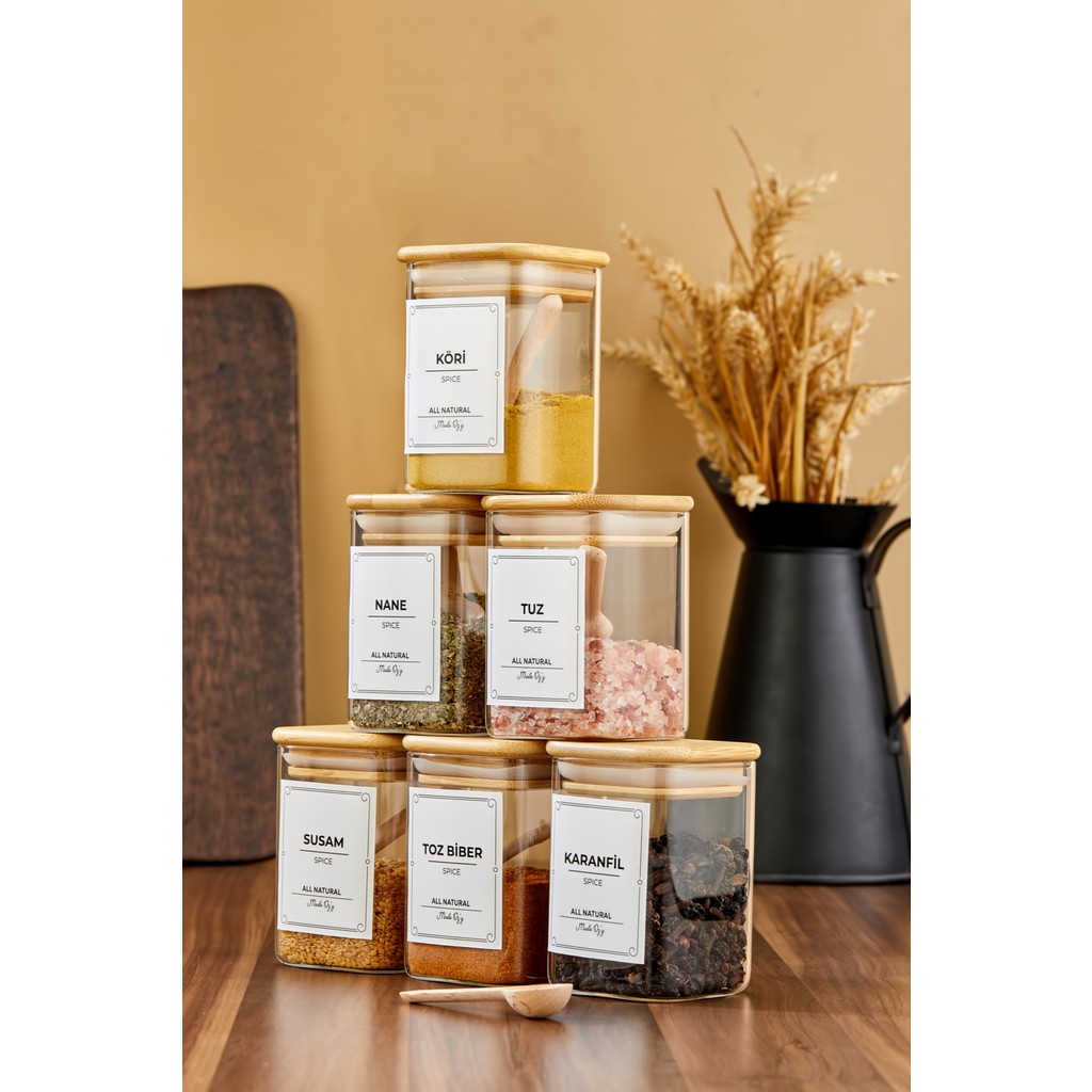 Moda Ozy 6'lı 200ML Kare Bambu Vakum Kapaklı Kaşıklı Borosilikat Baharat Takımı (Etiket Hediyeli) - Şeffaf Çatal / Kaşık / Bıçak Takımları Fiyatı
