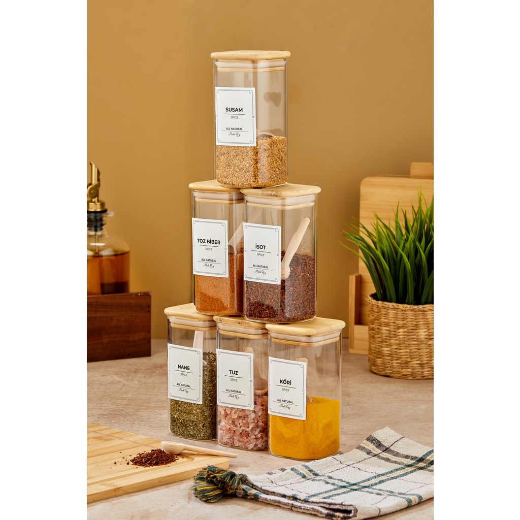 Moda Ozy 6'lı 250ML Kare Bambu Vakum Kapaklı Kaşıklı Borosilikat Baharat Takımı (Etiket Hediyeli) - Şeffaf Ahşap Tuz, Şeker, Baharat Fiyatı