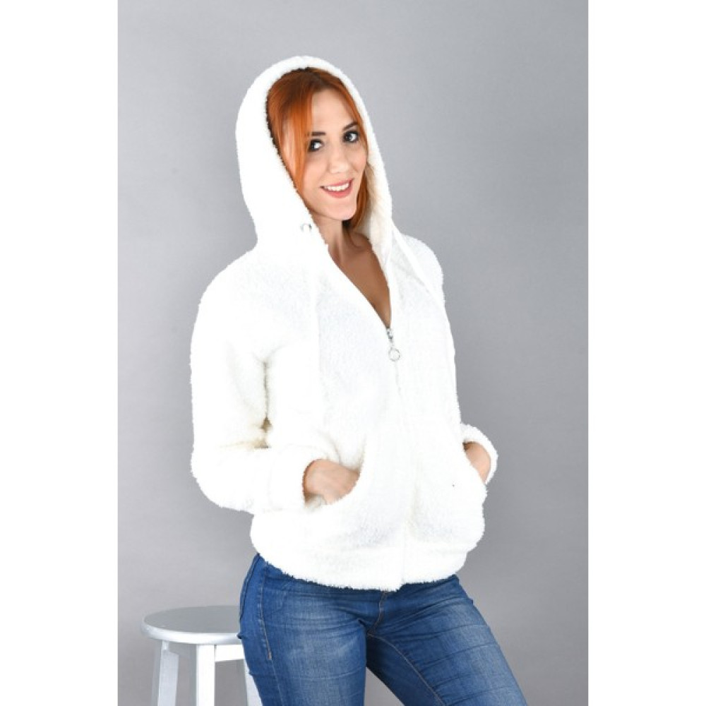 Moda Shop Kadın Beyaz Peluş Kapşonlu Ceket 1015-CM-B Bayan Mont Fiyatı
