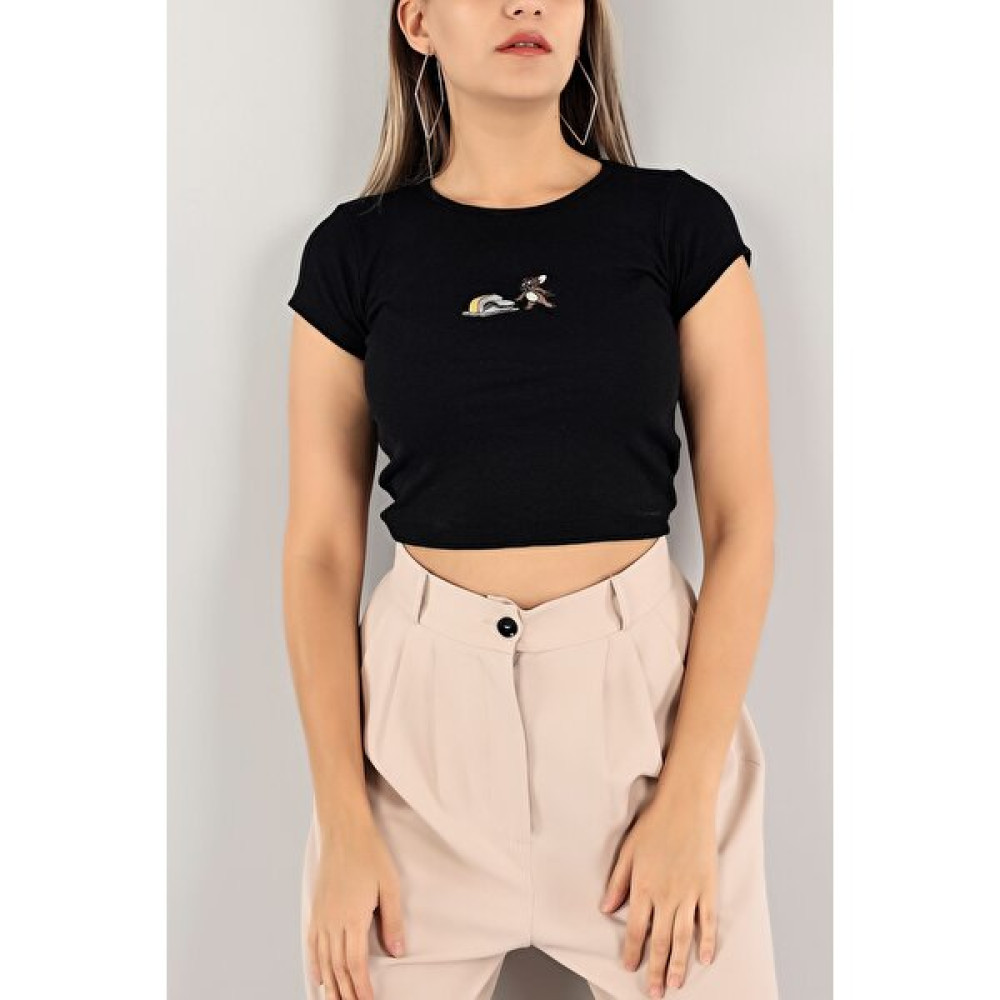 Moda Siyah Fitilli Nakışlı T-Shirt Bayan T-shirt Fiyatı
