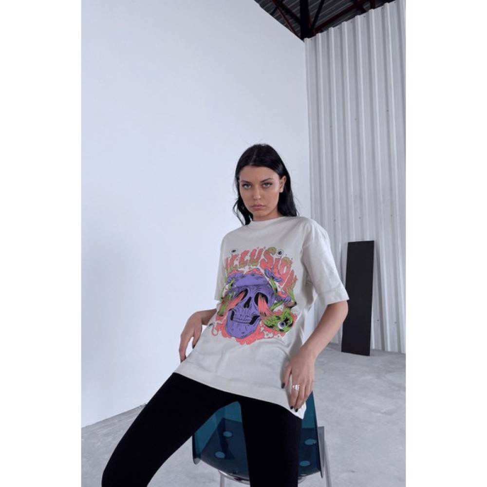 Moda Yıldızlar Bej Skull Eyes T-Shirt Bayan T-shirt Fiyatı