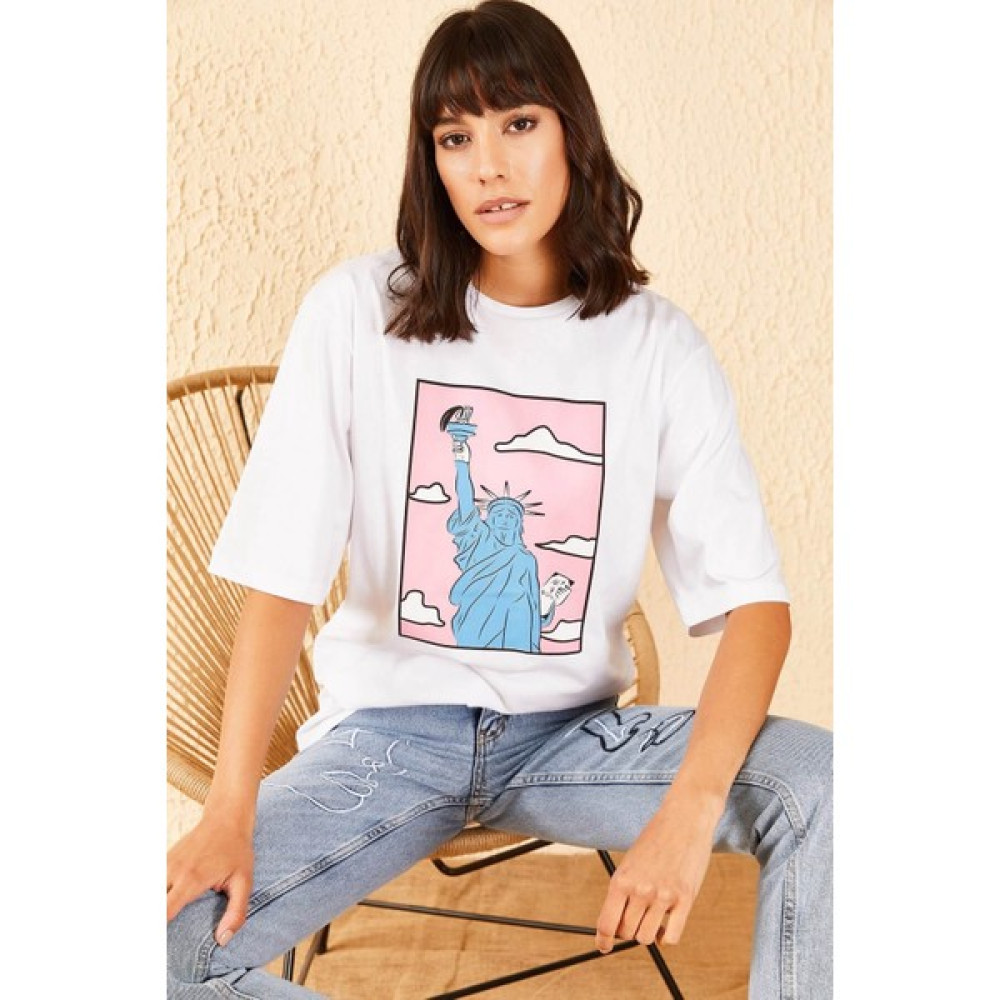 Moda Yıldızlar Beyaz Özgürlük Anıtı Baskılı T-Shirt Bayan T-shirt Fiyatı