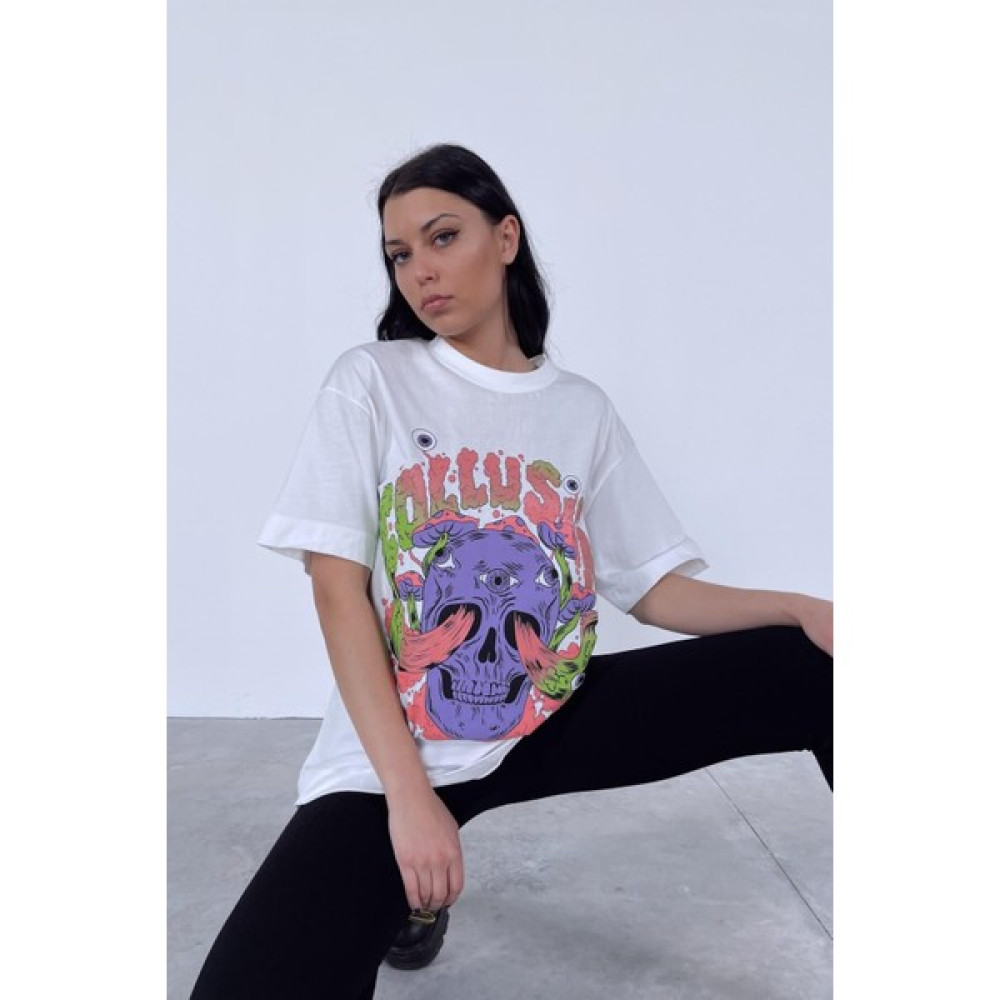 Moda Yıldızlar Ekru Skull Eyes T-Shirt Bayan T-shirt Fiyatı