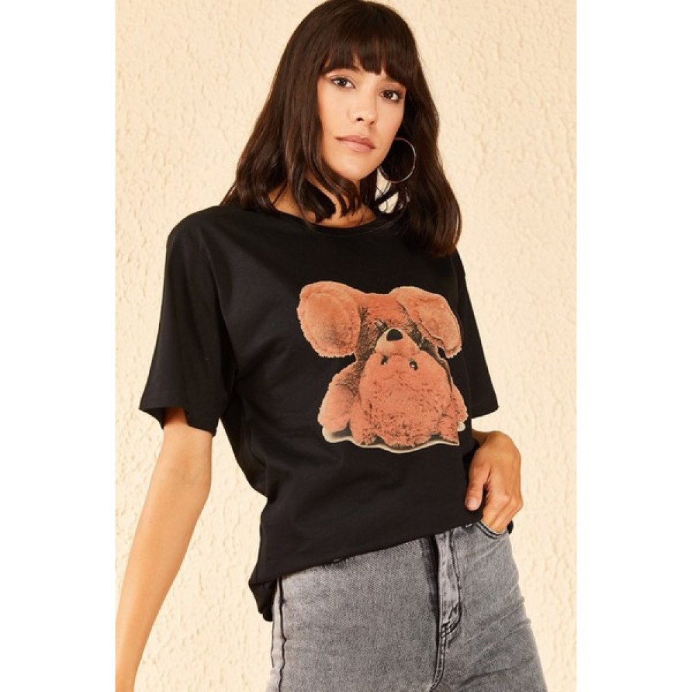 Moda Yıldızlar Siyah Oyuncak Ayı Baskılı T-Shirt Bayan T-shirt Fiyatı