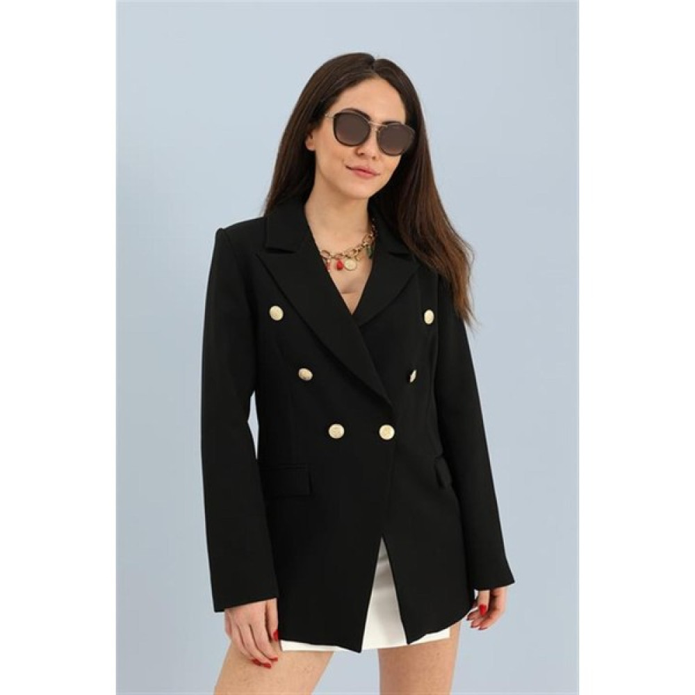 Moda Zela Blazer Fleto Cepli Atlas Kumaş Ceket - Siyah Bayan Ceket Fiyatı