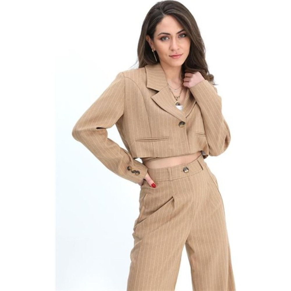 Moda Zela Ceket Kısa Vatkalı Fleto Cepli Çizgili - Camel Bayan Ceket Fiyatı