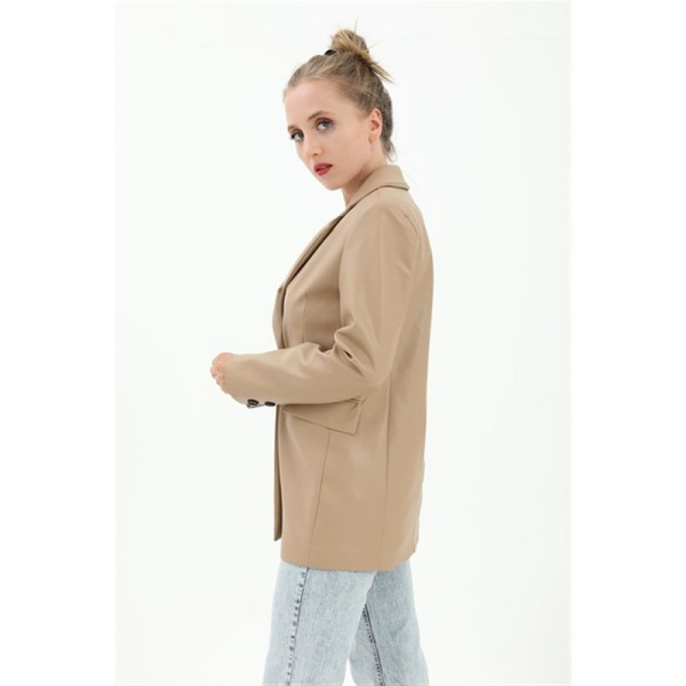 Moda Zela Cep Kapaklı Omuzları Vatkalı Deri Blazer Ceket Vizon Bayan Ceket Fiyatı