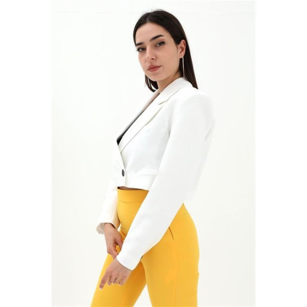 Moda Zela Çift Peto Cepli Kısa Crop Blazer Ceket Ekru Bayan Ceket Fiyatı