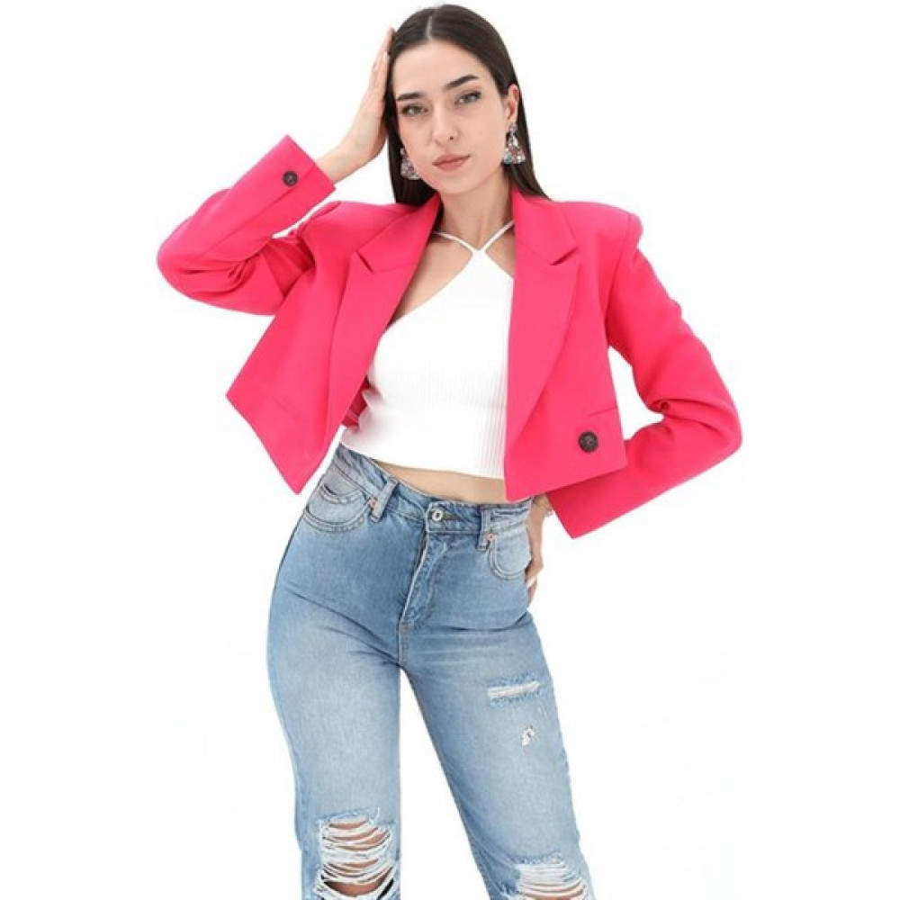 Moda Zela Çift Peto Cepli Kısa Crop Blazer Ceket Fuşya Bayan Ceket Fiyatı