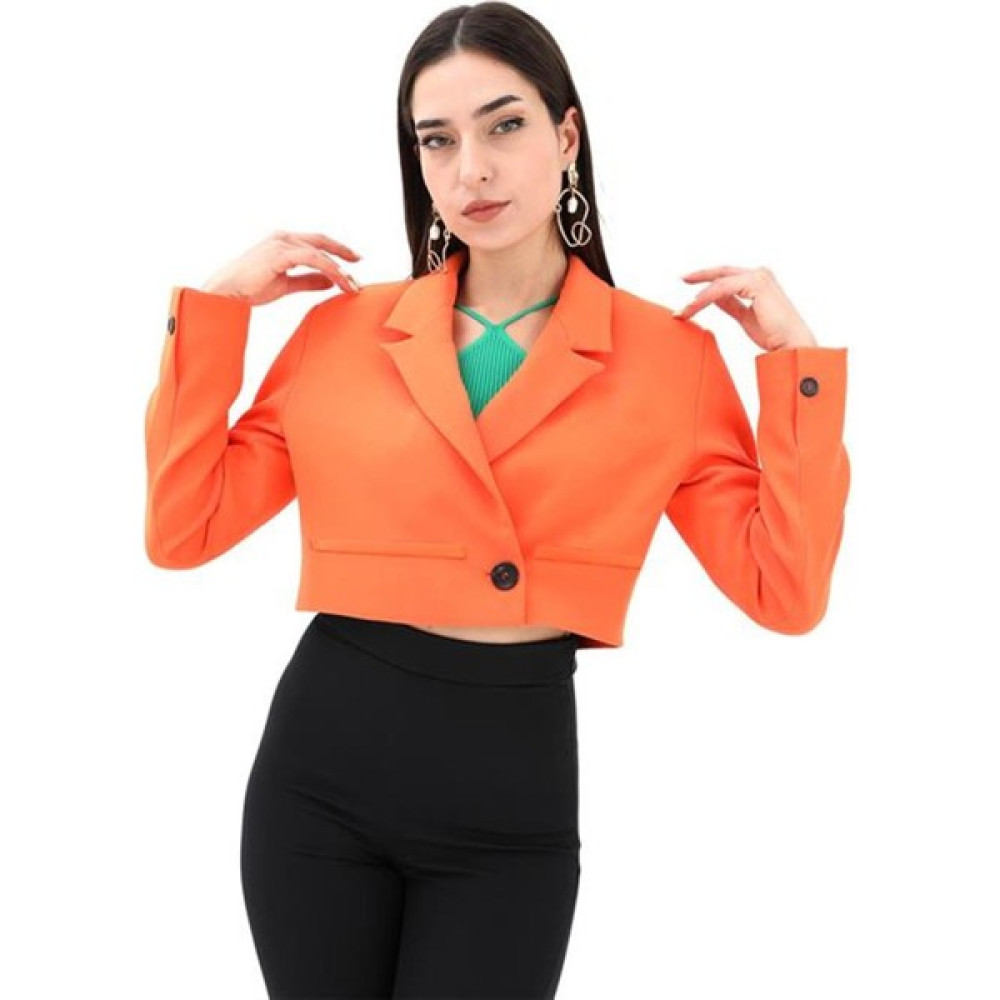 Moda Zela Çift Peto Cepli Kısa Crop Blazer Ceket Turuncu Bayan Ceket Fiyatı