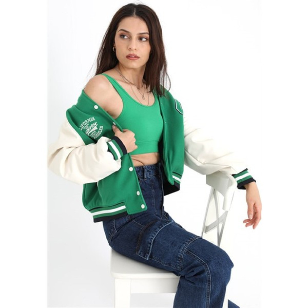 Moda Zela Kolları Deri Reglan Kollu Kolej Mont Ceket - Yeşil Bayan Mont Fiyatı