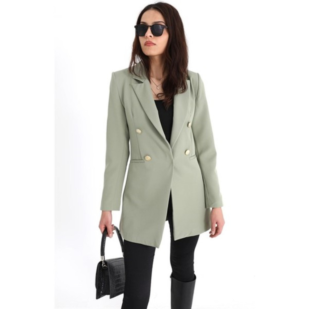 Moda Zela Omuzları Vatkalı Önü Çıtçıtlı Atlas Kumaş Kadın Blazer Ceket - Açık Yeşil Bayan Ceket Fiyatı