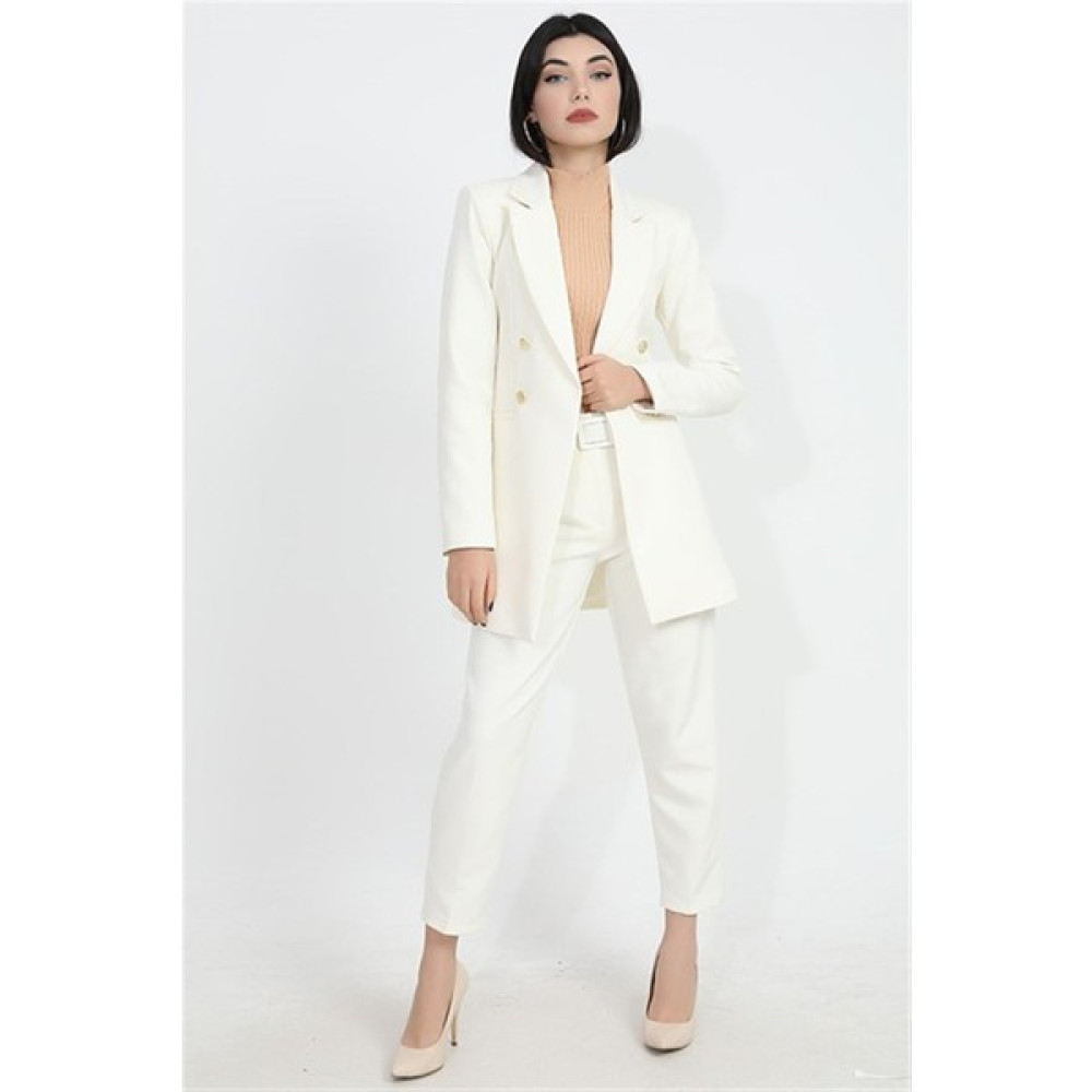Moda Zela Omuzları Vatkalı Önü Çıtçıtlı Atlas Kumaş Kadın Blazer Ceket Ekru Bayan Ceket Fiyatı