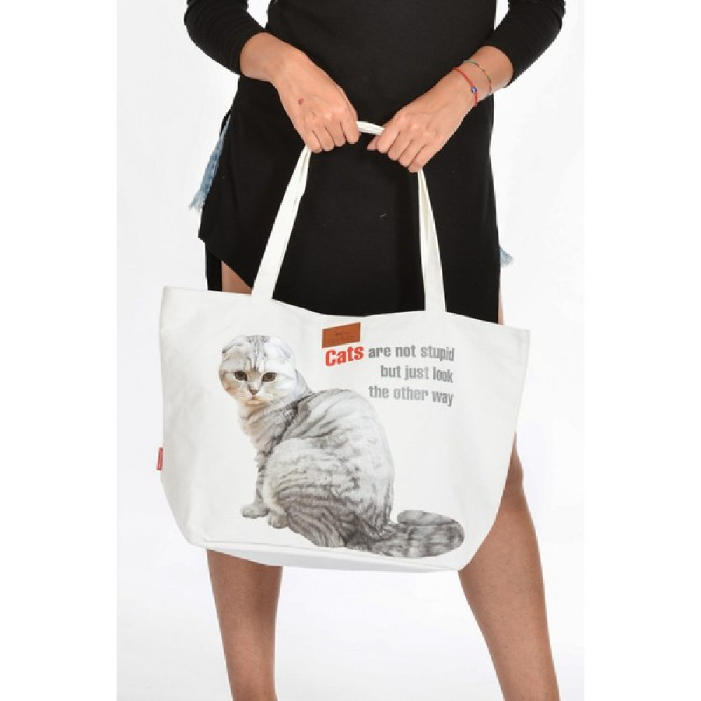 Moda1001 Kedi Baskılı Canvas Omuz Çantası - Büyük Boy - Beyaz Bayan Çanta ve Cüzdan Fiyatı