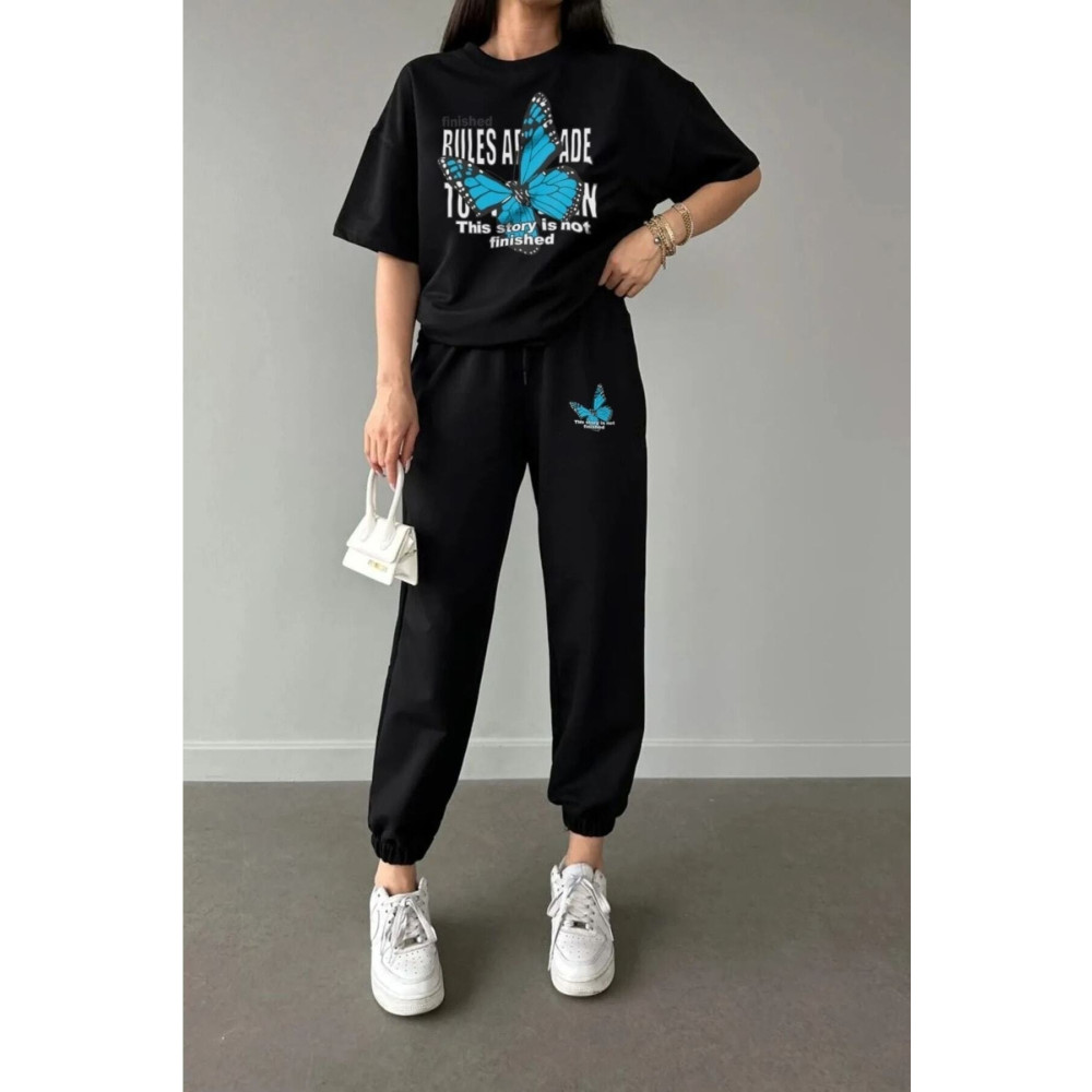 MODA23 Kelebek Eşofman Altı Ve T-shirt - Alt Üst Eşofman Takımı Oversize Bisiklet Yaka XXL Beden Kadın Eşofman Fiyatı