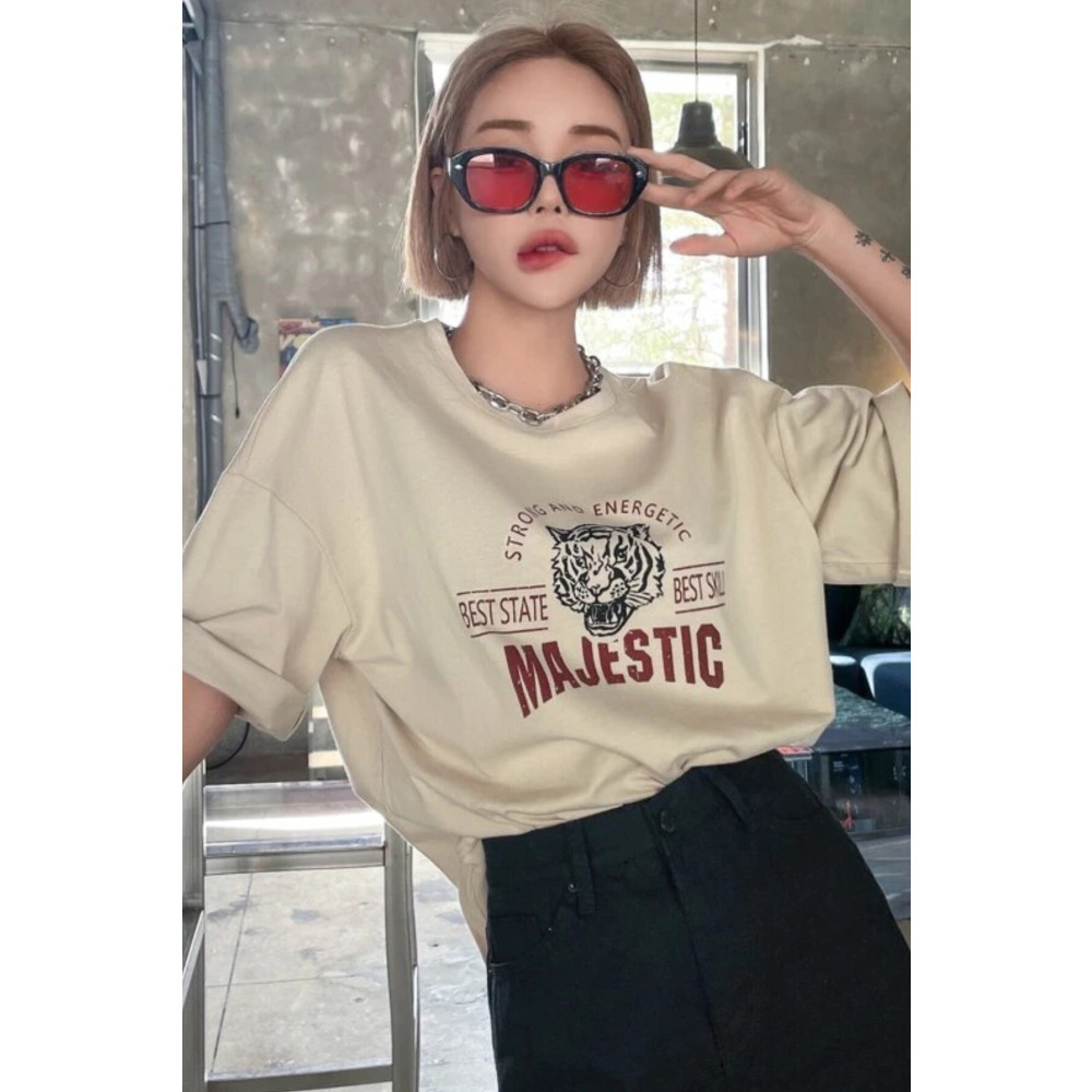 MODAGEN Kadın Bej Majestic Baskılı Oversize T-shirt S Beden Bayan T-shirt Fiyatı