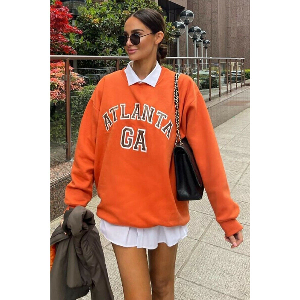 MODAGEN Kadın Bisiklet Yaka Turuncu Atlanta Baskılı Oversize Sweatshirt S Beden Bayan Sweatshirt Fiyatı
