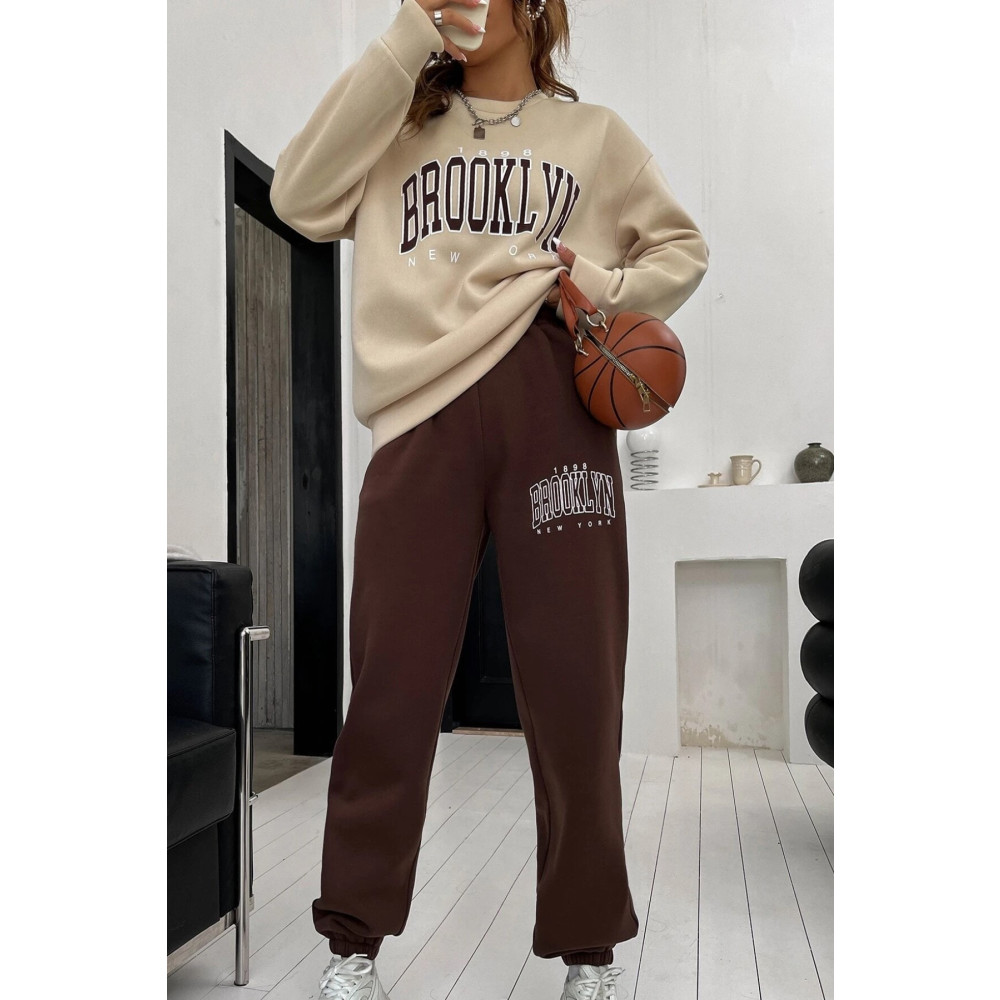 MODAGEN Kadın Kahverengi Bej Brooklyn Baskı Oversize Bisiklet Yaka Alt Üst Eşofman Takımı M Beden Kadın Eşofman Fiyatı