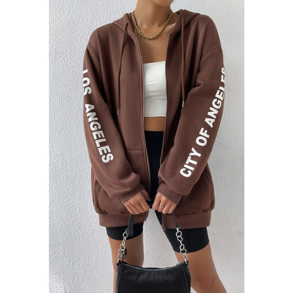 MODAGEN Kadın Kahverengi Kol Los Angeles Baskılı Detaylı Kapüşonlu Hırka M Beden Bayan Sweatshirt Fiyatı